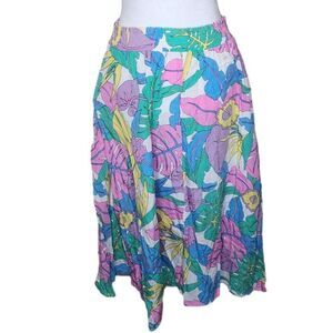 Vintage 80s Midi Skirt Womens M Blue Floral Flowing Tropical Banana Leaf